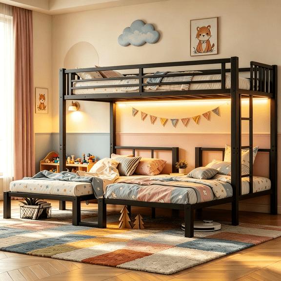 Mirightone Triple Bunk Bed with LED & USB Charging Station, Convertible to 3 Separate Beds, Twin XL over Twin Metal Bunk Bed with Safety Guardrail & Ladder for 3 Teens,No Box Spring Needed