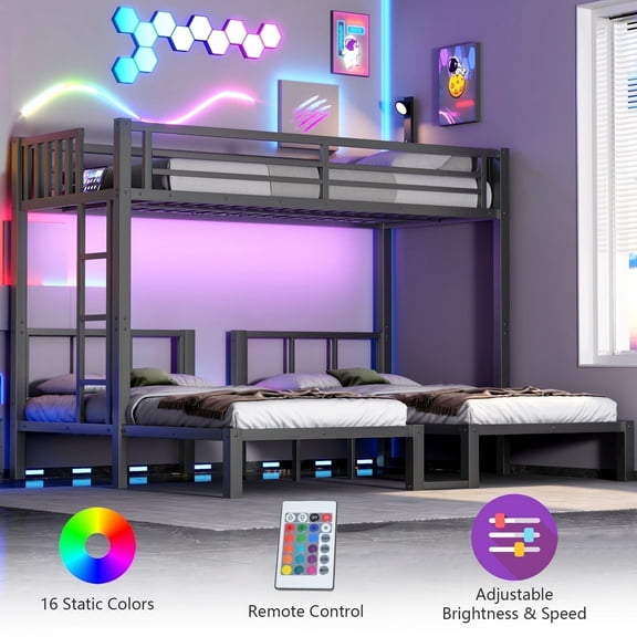 Mirightone Triple Bunk Bed with LED & USB Charging Station, Convertible to 3 Separate Beds, Twin XL over Twin Metal Bunk Bed with Safety Guardrail & Ladder for 3 Teens,No Box Spring Needed