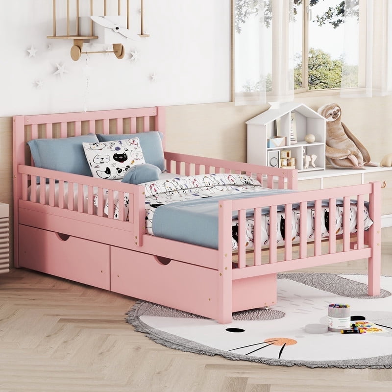 Mirightone Twin Bed Frame , Wood Twin Size Bed with Storage Drawers and Guardrails, Twin Bed Frame