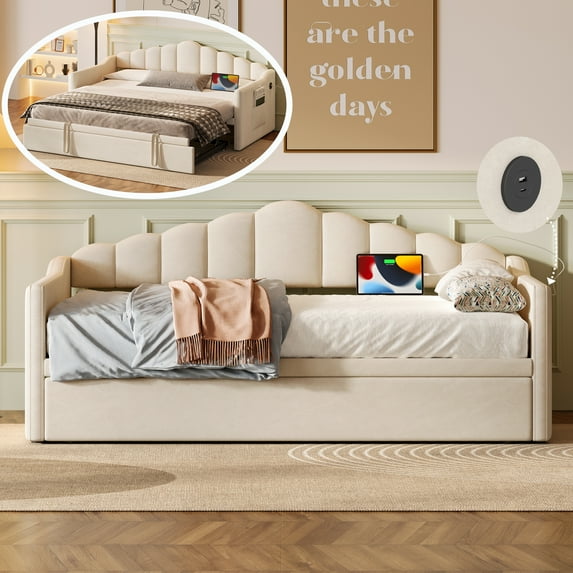 Duxelifin Twin Daybed with Adjustable Height Pop Up Trundle, Upholstered Daybed with Charging Port & 2 Side Pockets for Bedroom, Guest Room, Beige