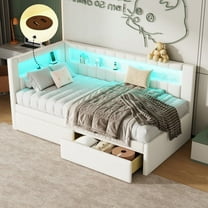 Duxelifin Twin Daybed with Storage Drawers & USB Ports, Upholstered Corner Bed Frame Platform Bed Frame with LED for Bedroom, Guest Room, White