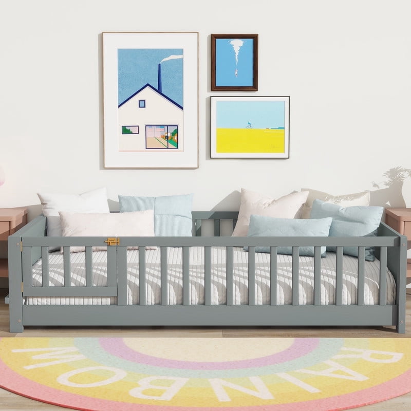 Mirightone Twin Floor Bed with Rails and Door, Twin Montessori Bed with Book Rack, Floor Bed Frame Twin for Boys & Girls, Gray