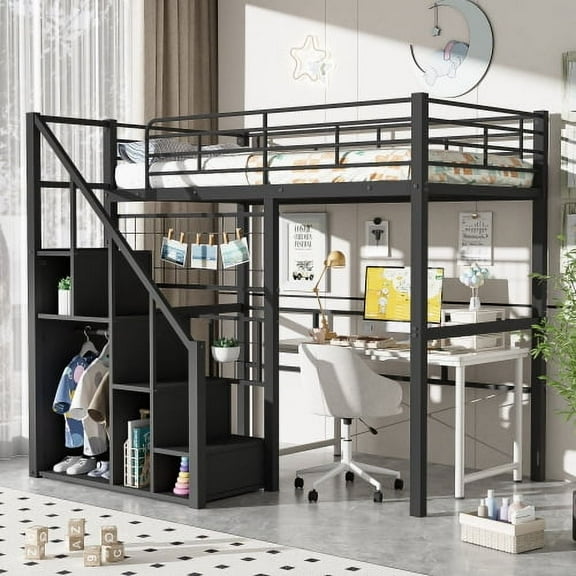 Duxelifin Twin Loft Bed with Storage Shelves, Metal Loft Bed with Stairs, Heavy Duty High Loft Bed with Wardrobe for Teens Adults, Black