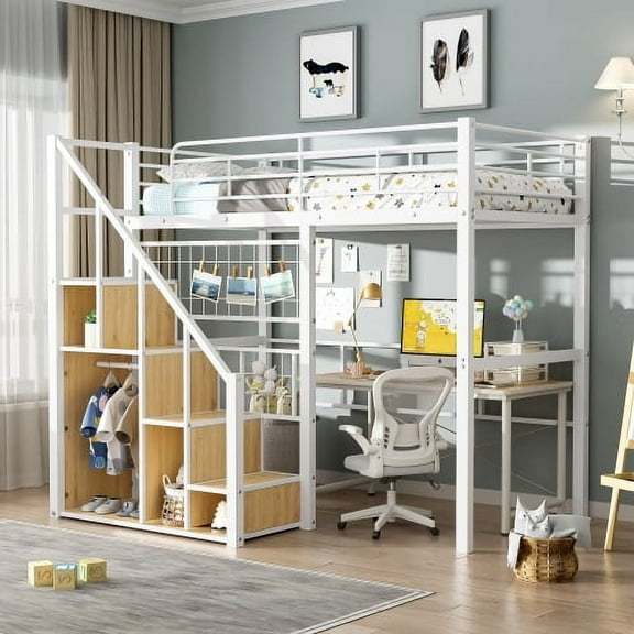 Duxelifin Twin Loft Bed with Storage Shelves, Metal Loft Bed with Stairs, Heavy Duty High Loft Bed with Wardrobe for Teens Adults, White