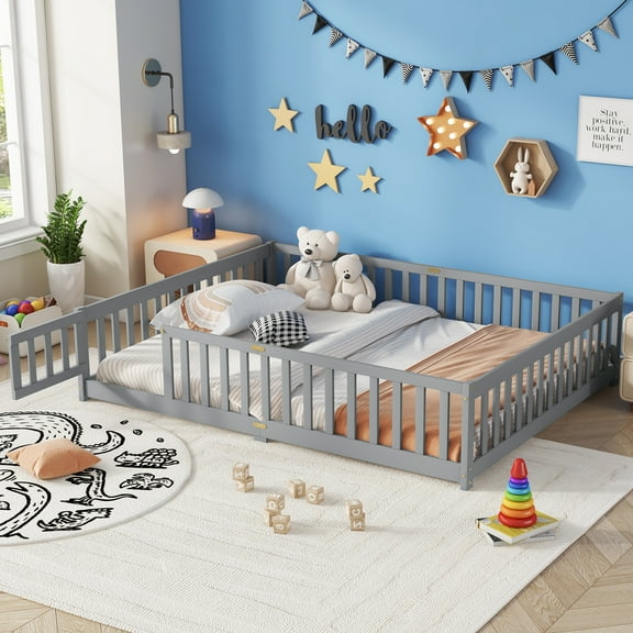 Duxelifin Twin Montessori Floor Bed for Toddler with Rails & Door, Kids Floor Bed Frame, Solid Wood Low to Ground Toddler Bed for Boys and Girls, No Box Spring Needed, Gray