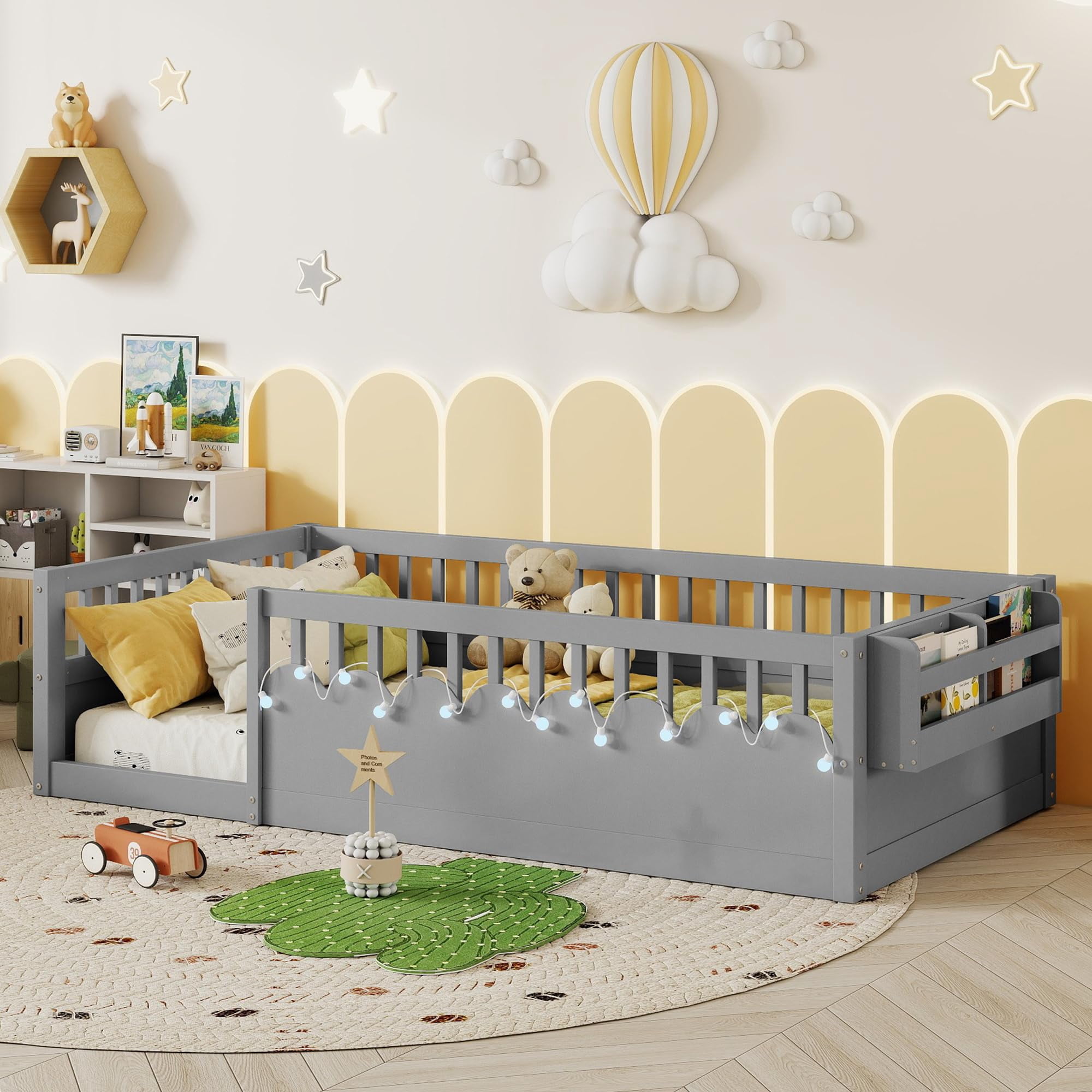Mirightone Twin Montessori Floor Bed with  Rails and Storage Shelf, Wood Floor Bed Frame with Light for Boys Girls, Gray