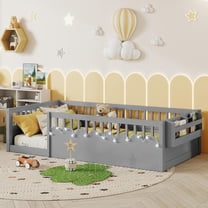 Mirightone Twin Montessori Floor Bed with Rails and Storage Shelf, Wood Floor Bed Frame with Light for Boys Girls, Gray