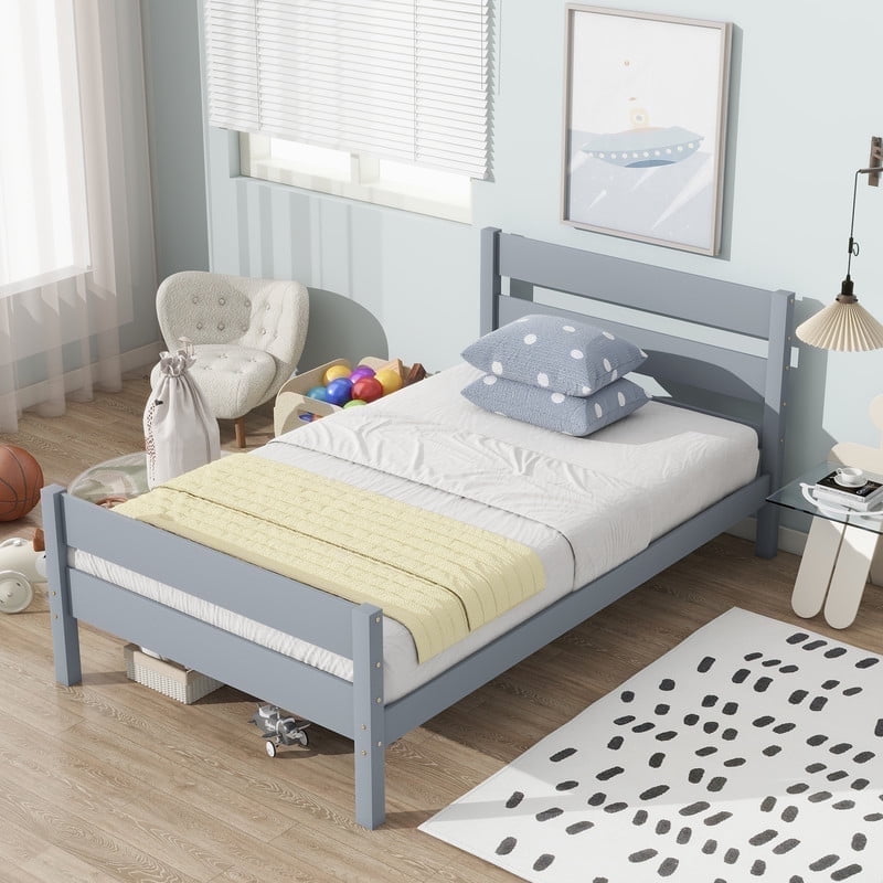 Mirightone Twin Platform Bed with Headboard & Footboard, Twin Wood Bed Frames for Teens, Adults, Grey