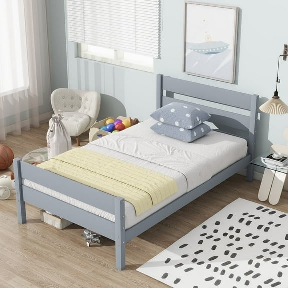 Duxelifin Twin Platform Bed with Headboard & Footboard, Twin Wood Bed Frames for Teens, Adults, Grey