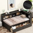 thumbnail image 1 of Duxelifin Twin Size Corner Bed Frame with Built-In Bookcase Storage, USB Ports & AC Outlets, Storage Drawers, Wood Platform Bed Frame Daybed Frame for Bedroom,Study Room, & Guest Room, Brown, 1 of 13