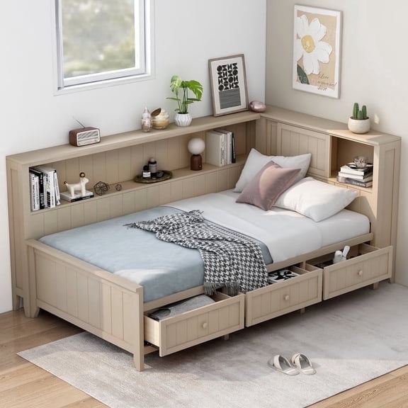 Mirightone Twin Size Daybed with Storage, Wood Twin Corner Bed Frame with Storage Drawers for Teens, Adults, Antique White Milk