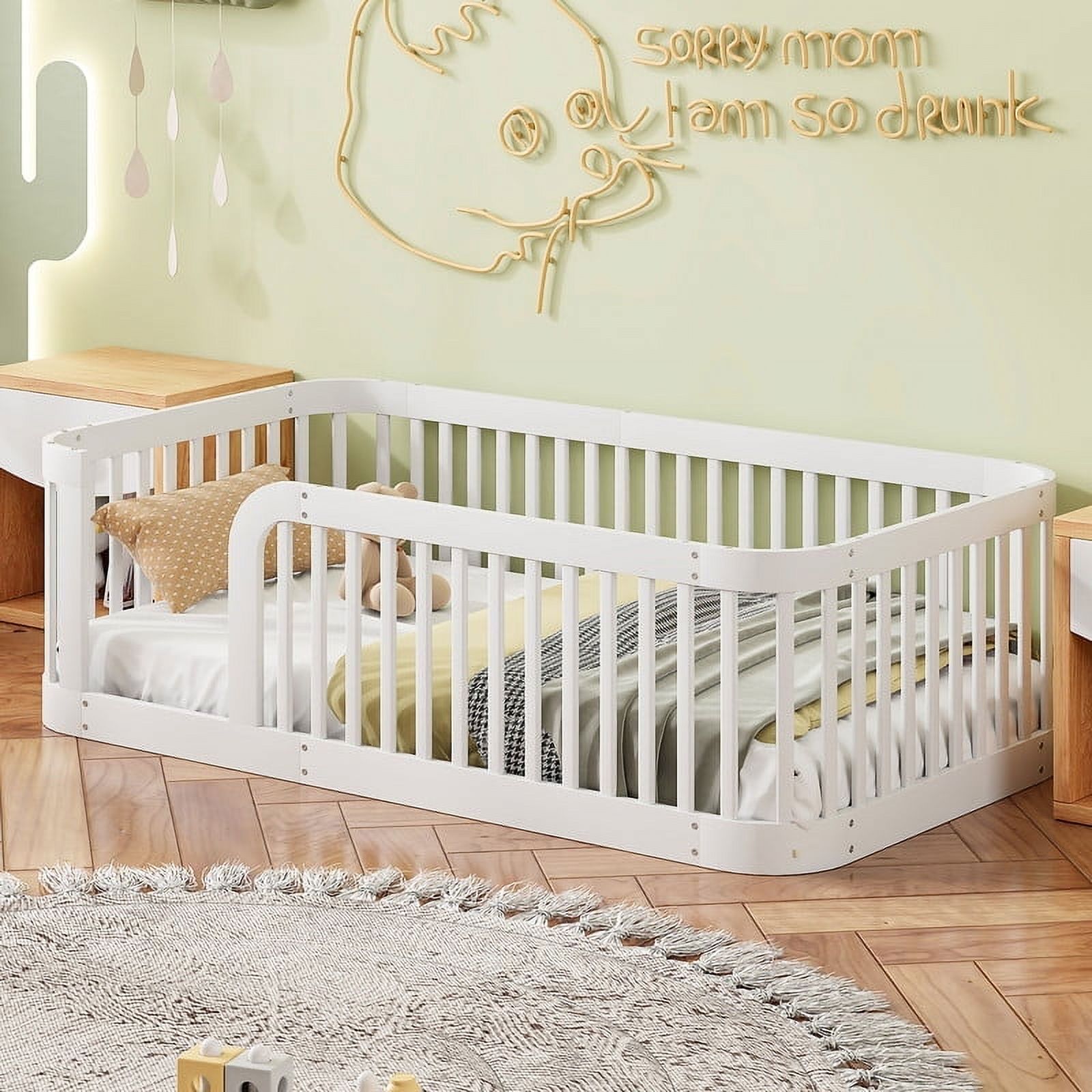 Duxelifin Twin Size Floor Bed with High Rails for Kids, Solid Wood Floor Bed Montessori Frame, No-Slat Design, Modern Toddler Floor Bed for Boys Girls (White)