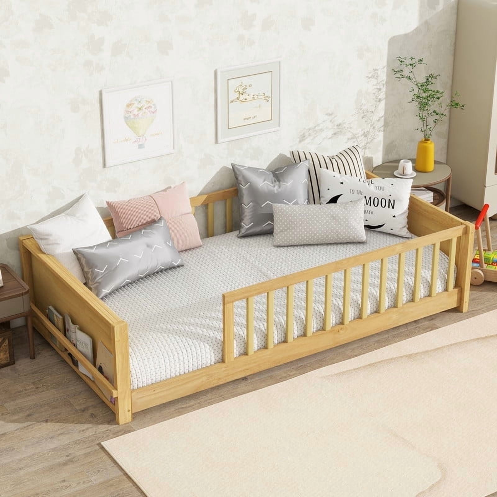 Mirightone Twin Size Floor Bed with Rails, Wood Montessori Floor Bed with Storage Bookcase, Montessori Bed Frame with Fence, Natural