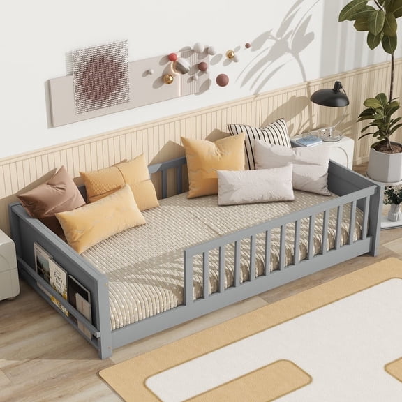 Mirightone Twin Size Floor Bed with Rails, Wood Montessori Floor Bed with Storage Bookcase, Montessori Bed Frame with Fence, Grey