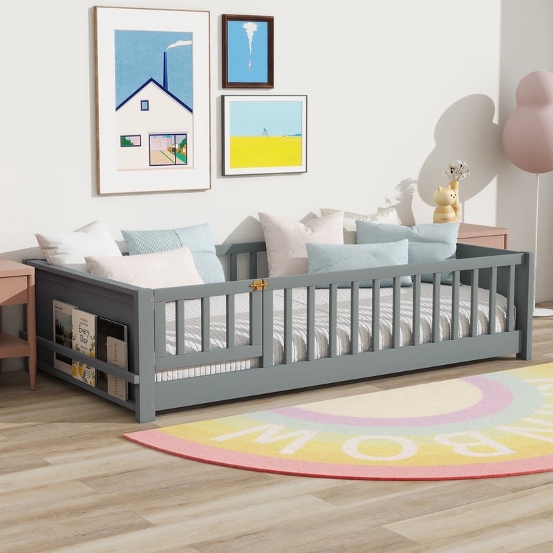 Mirightone Twin Size Floor Bed with Rails and Door, Wood Montessori Floor Bed with Storage Bookcase,&nbsp;Montessori Bed Frame with Fence, Grey