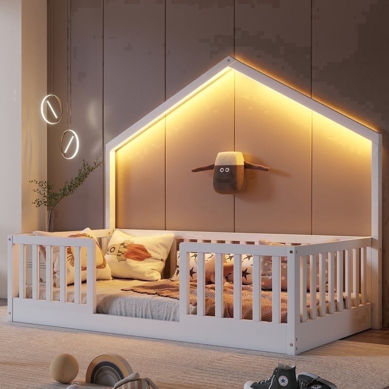Mirightone Twin Floor Bed with High Rails, Wooden Montessori Bed Frame with Single Color Light and House Shape Design, Low Profile Beds, twin bed frames white
