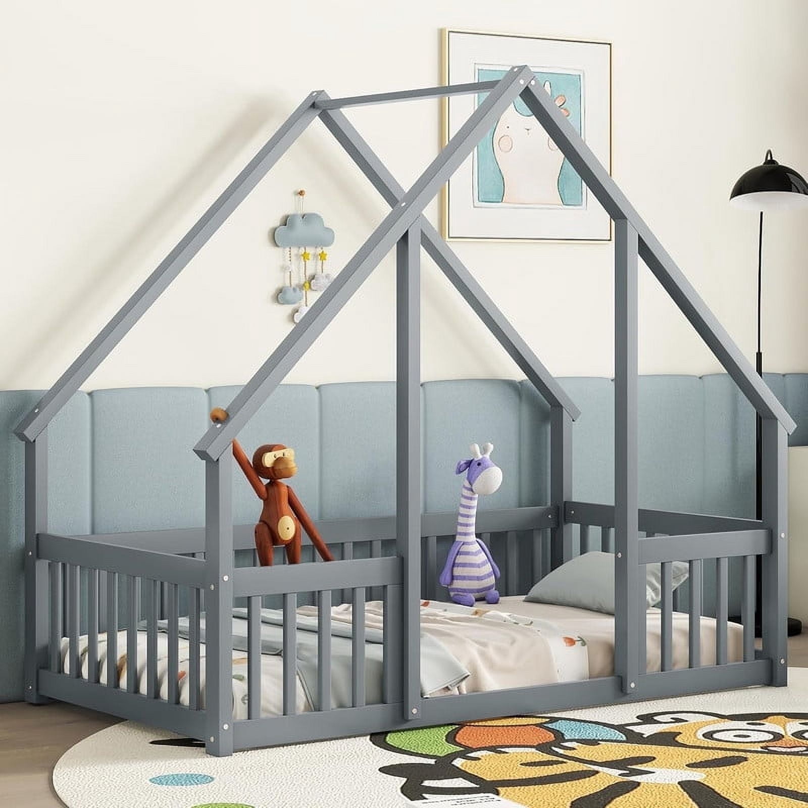 Mirightone Twin Size House Floor Bed Frame with Triangular Roof and Fence Rails, Wooden Floor Bed Frame for Girls,Boys, Montessori Floor Bed, Easy Assembly（Grey）