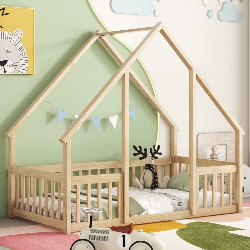 Duxelifin Twin Size House Floor Bed Frame with Triangular Roof and Fence Rails, Wooden Floor Bed Frame Girls,Boys, Montessori Floor Bed, Easy Assembly (Natural)