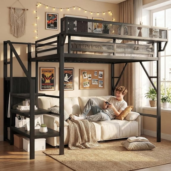 Mirightone Twin Size Loft Bed with Stairs and Storage, Metal Loft Bed Frame with A Shelf and Large Under-Bed Space, Heavy-Duty Loft Beds for Boys Girls Teens, Black