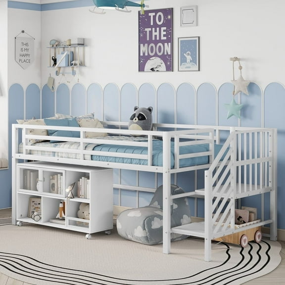 Mirightone Twin Size Low Loft Bed with Storage Cubby, Twin Low Loft Bed with Stairs for Girls Boys, White