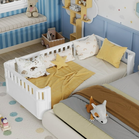 Mirightone Twin Size Montessori Bed with Guardrails and Removable Side Rails, Low to Ground Wood Bed Frame