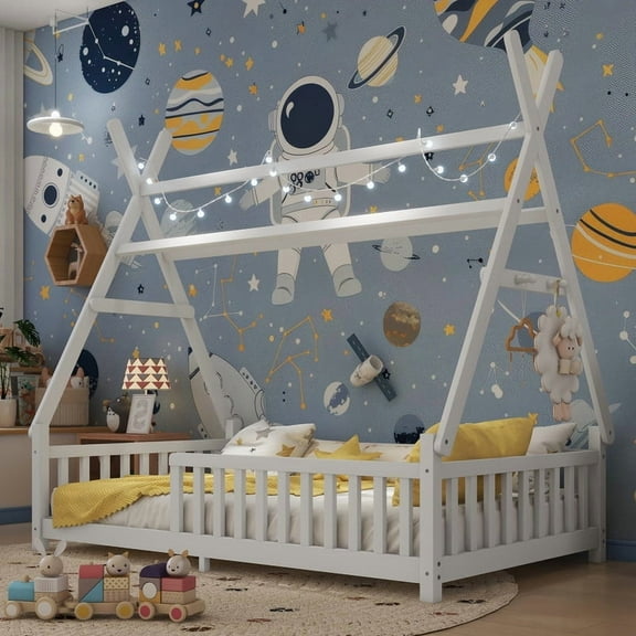 Mirightone Twin Size Tent Beds with Hanging Rack, Teepee Floor Bed, Detachable Floor Bed with Slats and Fence Rails, Wood House Bedframe for Boys Girls, White
