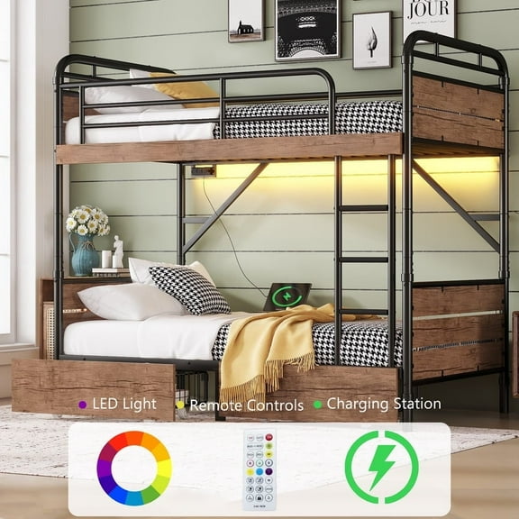 Twin XL Bunk Bed with 2 Storage Drawers, Metal Bunk Bed with Charging Station (2AC+2USB-A Port),Remote Control LED Light, Convertible Bunk Bed Frame for Teens, Black
