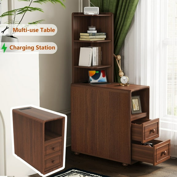 Duxelifin Walnut Tall End Table with 2AC+2USB, Drawers & Detachable Shelves, Wooden End Table with Storage, Charging End Table, Side Table Corner Table for Living Room & Bedroom