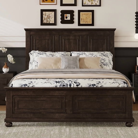 Mirightone Wood Queen Bed Frame with Tall Headboard and Footboard, Rustic Queen Panel Bed with Under Bed Storage, Farmhouse Style, Noise-Free, Antique Brown