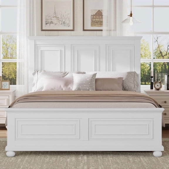 Mirightone Wood Queen Bed Frame with Tall Headboard and Footboard, USB Charging Station, Rustic Queen Panel Bed with Under Bed Storage, Farmhouse Style, Noise-Free, White