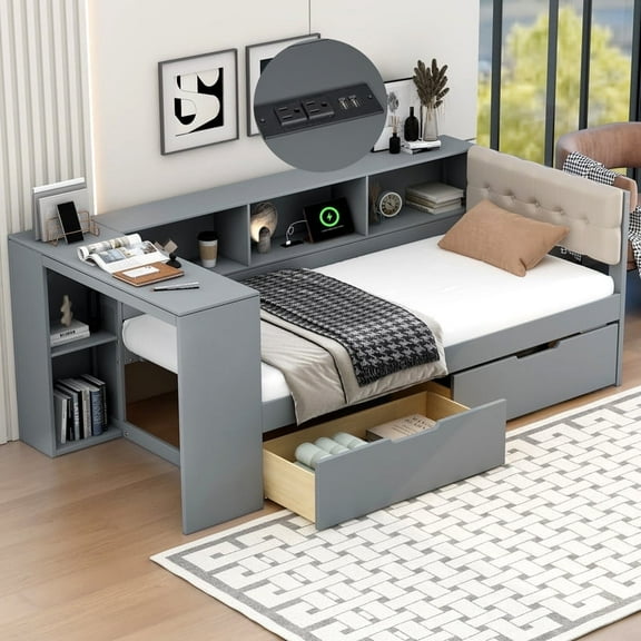 Mirightone Wood Twin Daybed with Desk and Storage Drawers, Twin Size Corner Bed with Upholstered Headboard and  Charging for Teens Adults, Gray