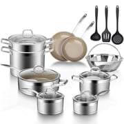Duxtop 17PC Professional Stainless Steel Induction Cookware Set with Ceramic Coating Nonstick Frying Pan, Oven & Dishwasher SafeBrown