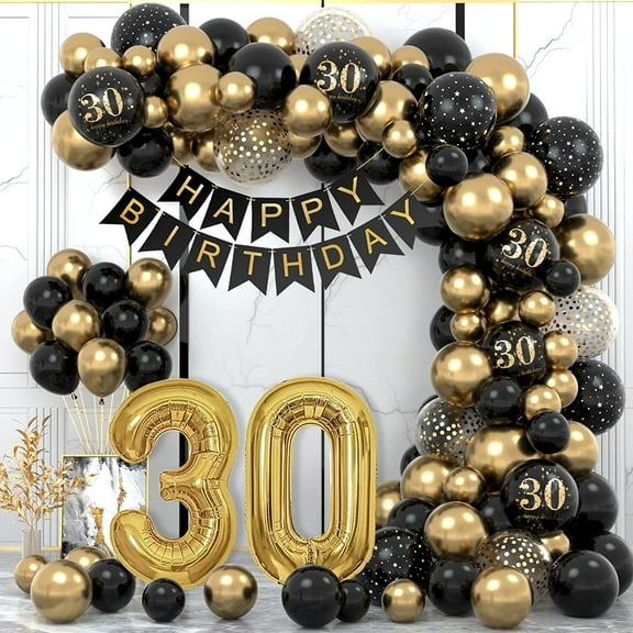 Duzziyyaa 30th Birthday Party Decorations ,77PCS 30th Birthday Banner & Balloons Kit ,Black & Gold Foil Balloons