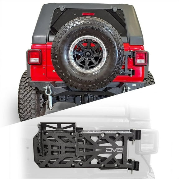 Spare Tire Carrier for 2018-2024 Jeep Wrangler JL & 2021-2024 Jeep Rubicon 392 | Accepts Up to (Most) 37" Tires | No Bumper Mods Required | Relocates OEM Camera & OEM 3rd Brake Light | DV8 Offroad
