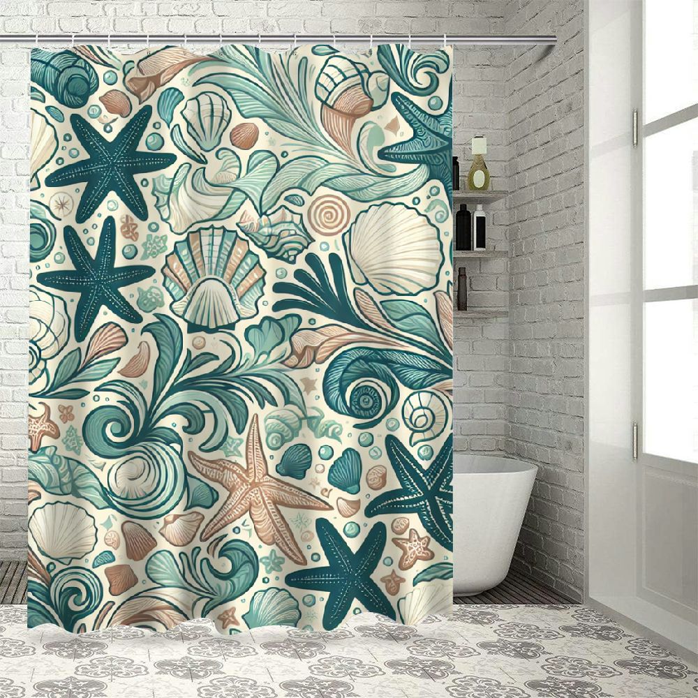 Dvbnli Coastal Starfish Shower Curtain Ocean Blue Green Marine Creature