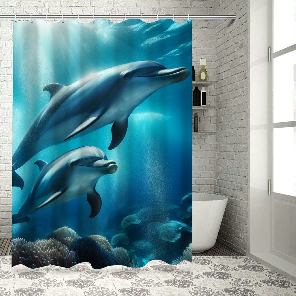 Dvbnli Cute Dolphins Shower Curtain Funny Beach Theme Fabric Bathroom Decor Set with Hooks