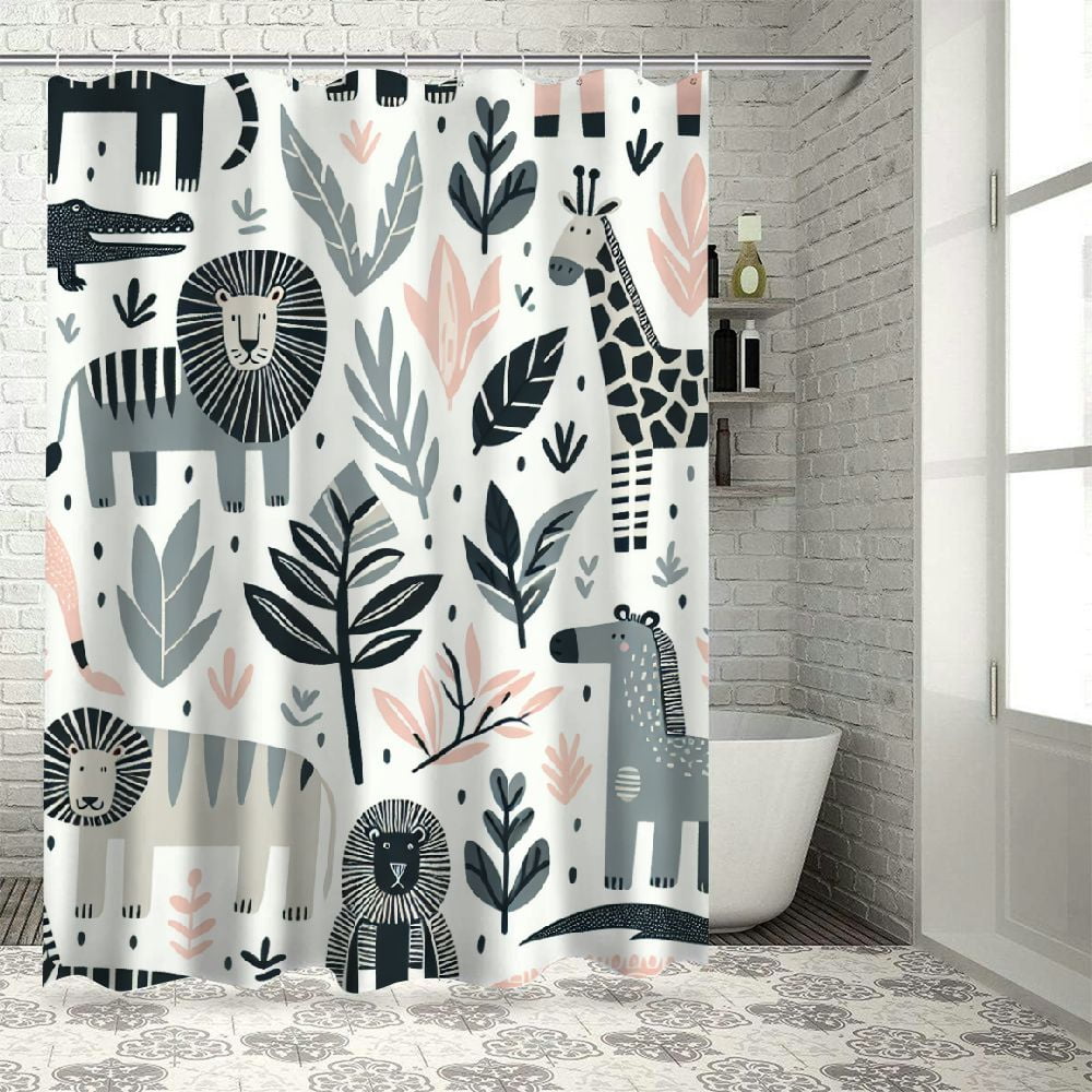 Dvbnli Cute Wild Animals Shower Curtain,Cartoon Lion Zebra Monkey
