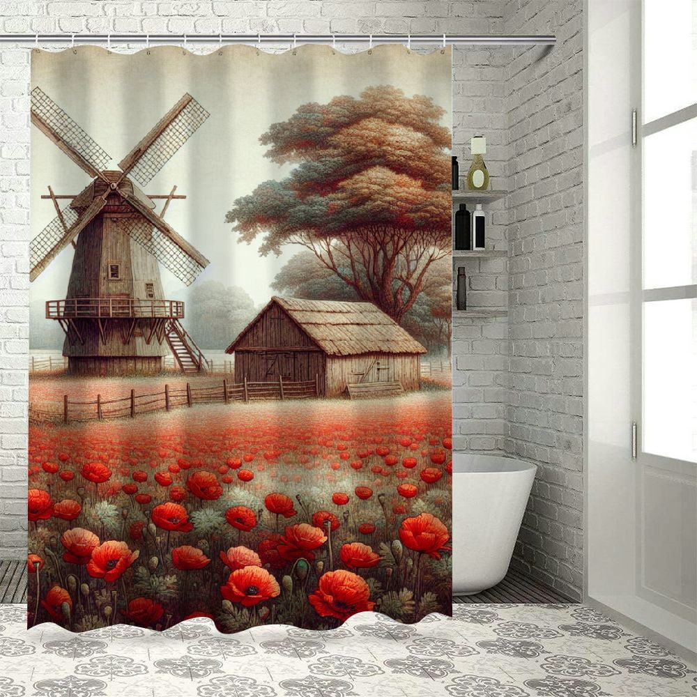 Dvbnli Farmhouse Shower Curtain, Rustic Windmill Farm Bathroom Shower Curtain Retro Farm Western