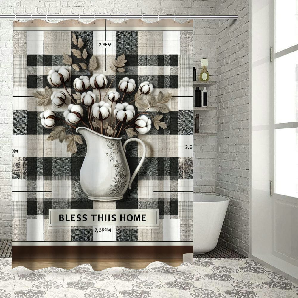 Dvbnli Gray and White Farmhouse Shower Curtain, Modern Grey Buffalo