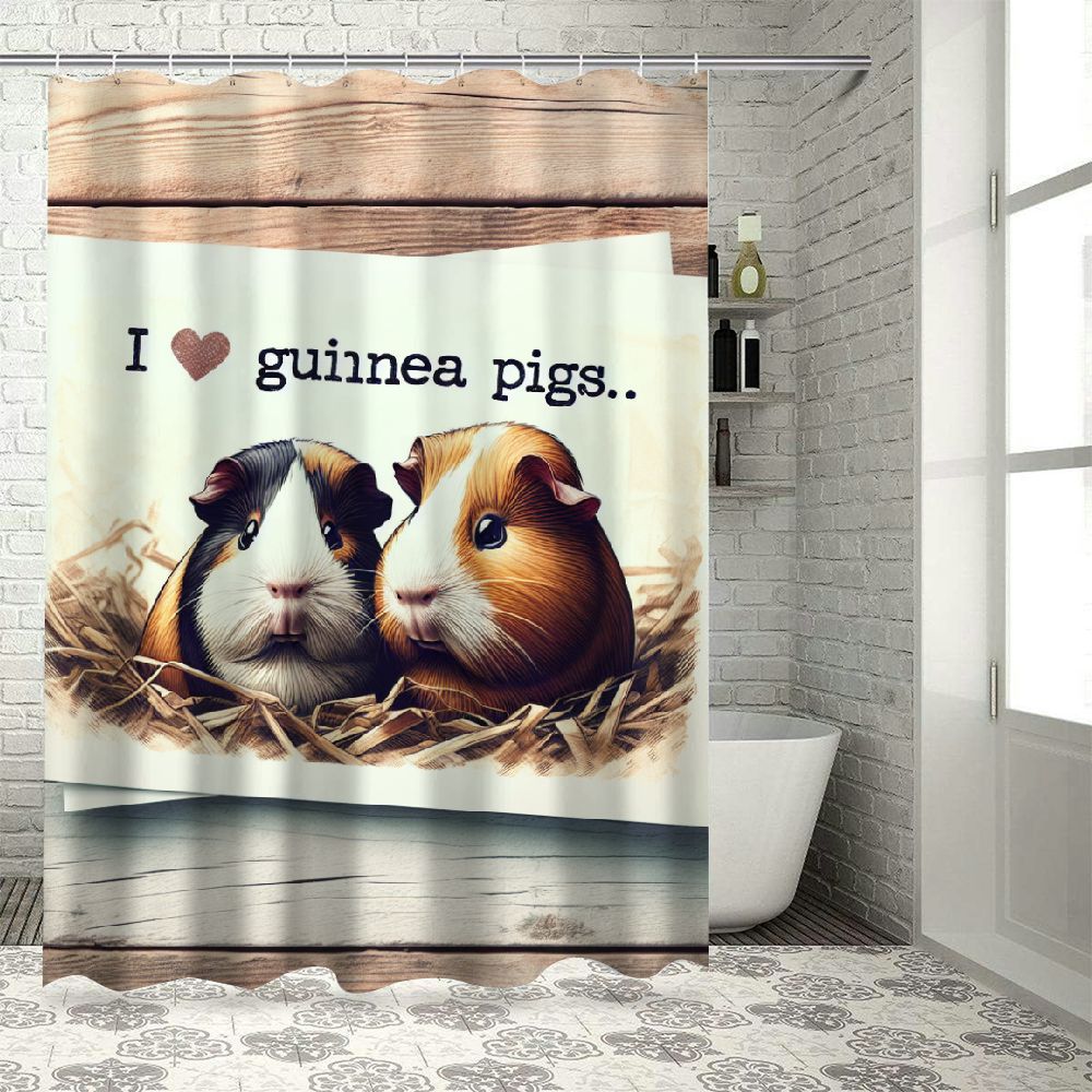 Dvbnli Guinea Pigs Bath Curtain,Kawaii Cute Animal Shower Curtain,White Wooden Board Microfiber