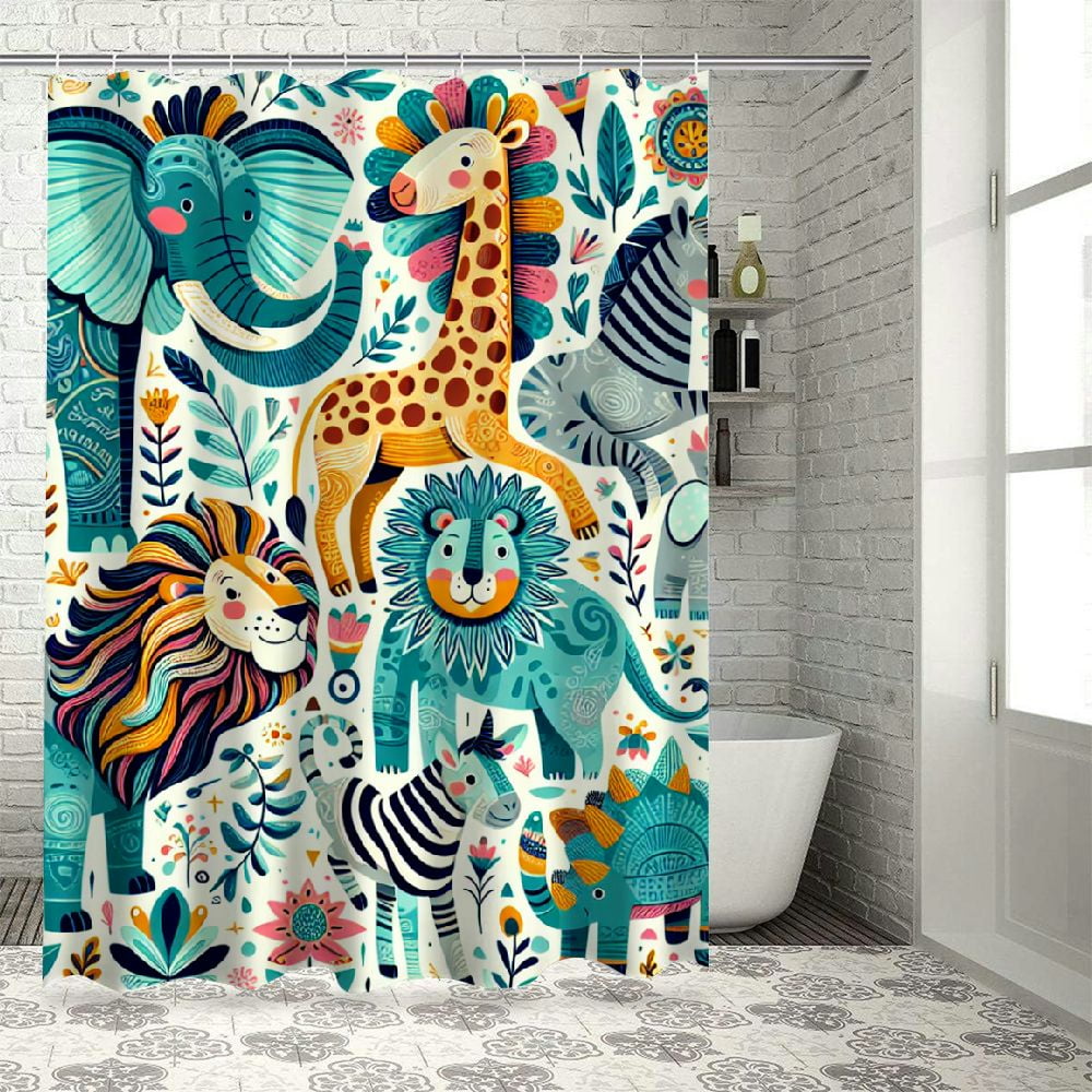 Dvbnli Kids Zoo Animal Bath Curtain Cute Wild Animals Shower Curtain ...