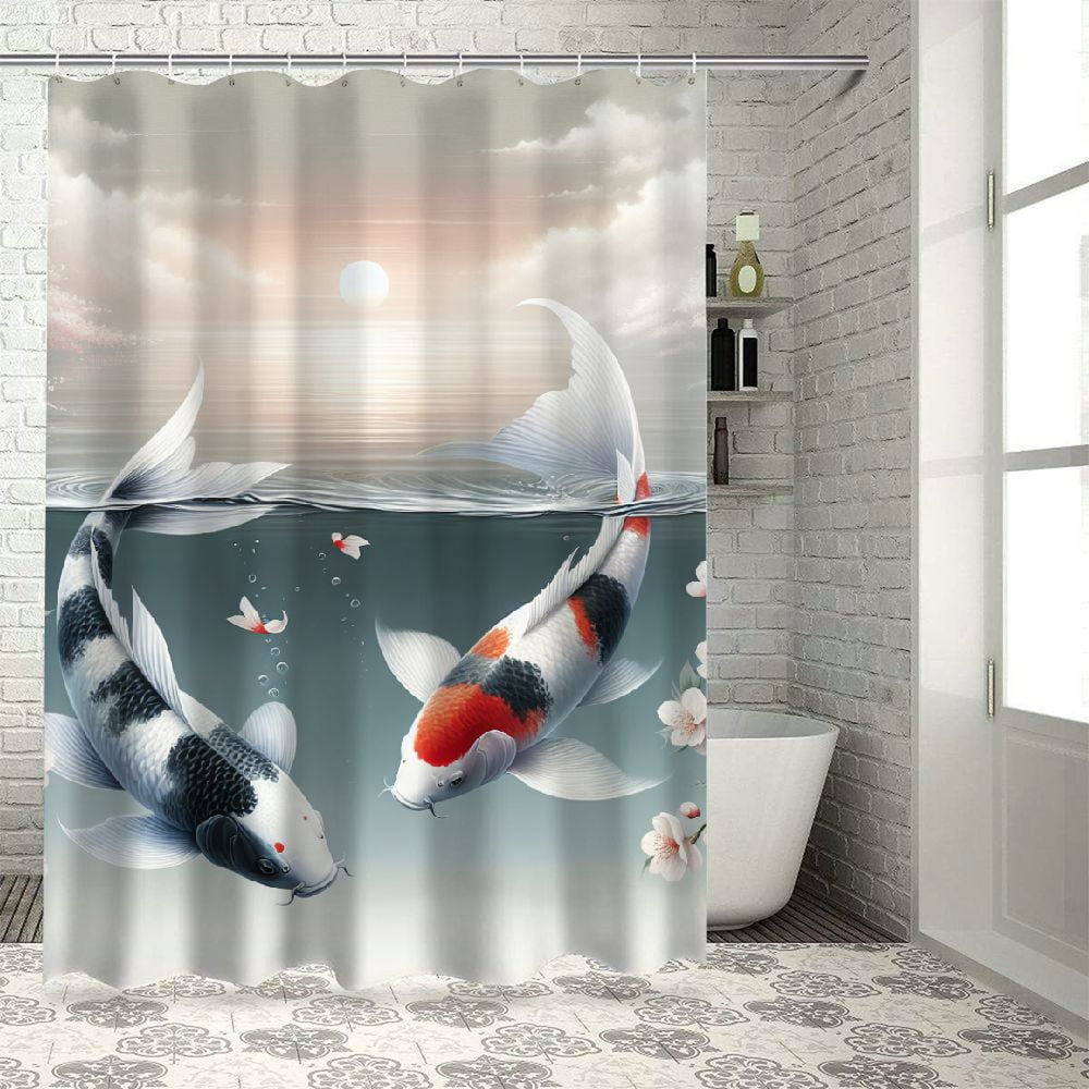 Dvbnli Koi Fish Shower Curtain Cherry Blossom Branch Flower Petal Carp
