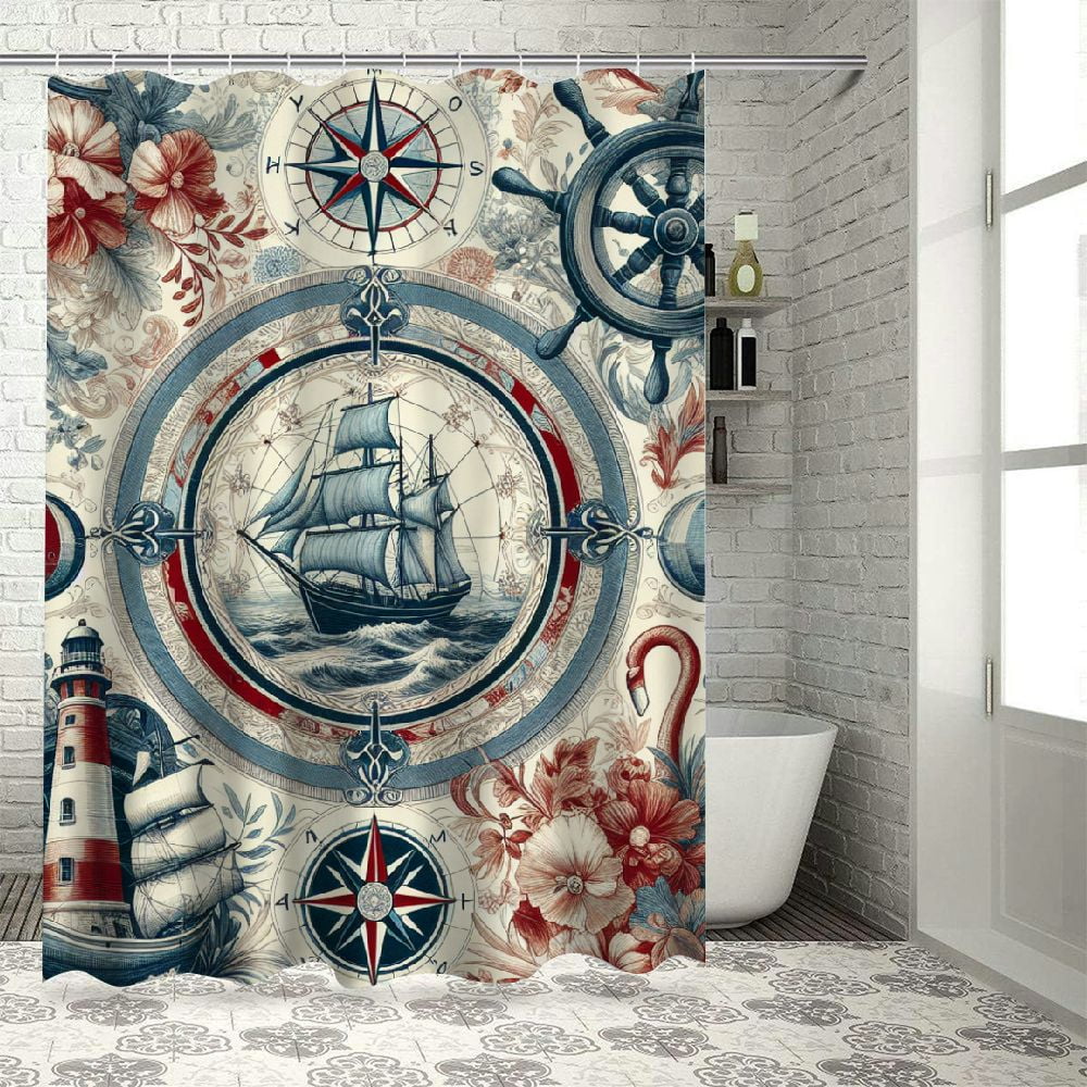 Dvbnli Nautical Sailboat Bathroom Curtain,Lighthouse Anchor Rudder