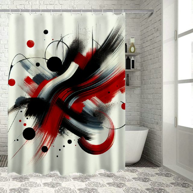 Dvbnli Red and Black Shower Curtain Ink Geometric Bathroom Shower Curtain Set Modern Abstract