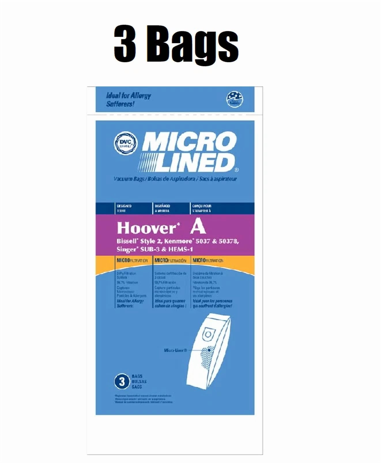 Dvc Microlined Bags For Hoover Type A Micro Lined Paper Bags, 3 Pack