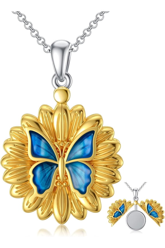 1 Inch Round Sunflower Butterfly Locket Necklace That Holds 1 Picture Photo Sterling Silver Personalized Expandable Locket Necklace