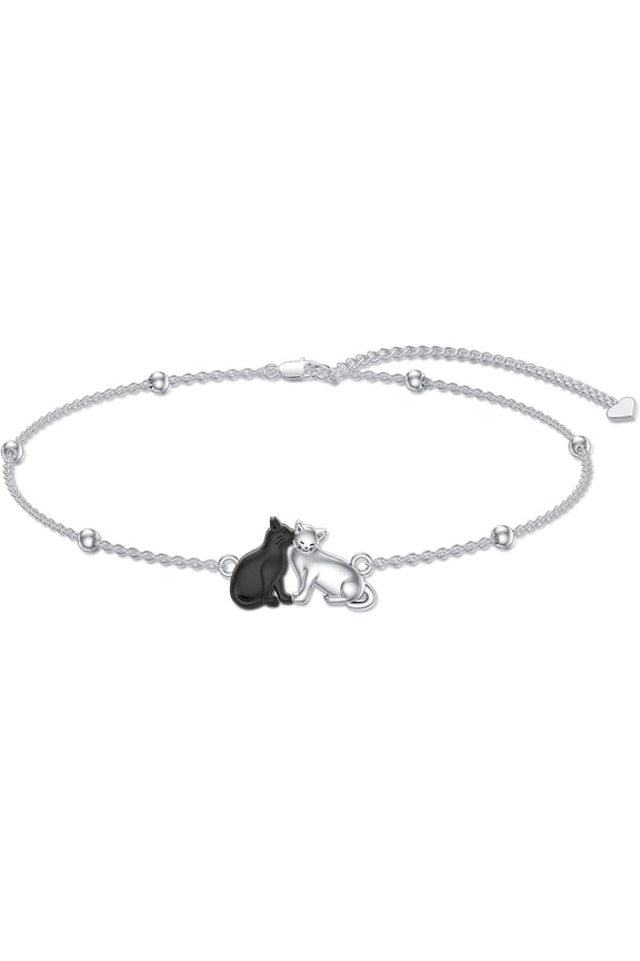 925 Sterling Silver Cute Cat Kitty Bracelet Adjustable Link Chain, Cat Jewelry Gifts for Cat Lovers 7-9 inches