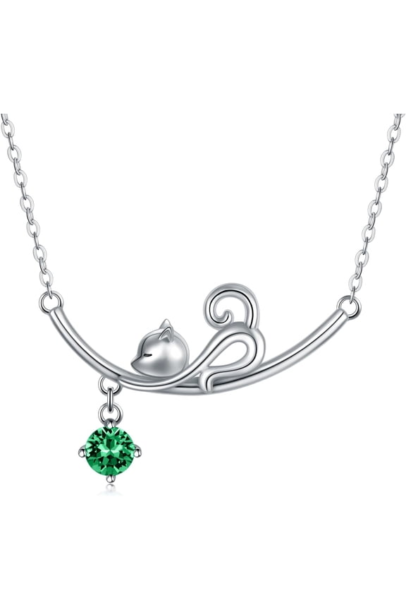 925 Sterling Silver Lovely Cat Kitten Pendant Necklace with 12 Months Birthstone Crystal from Austria, Christmas Birthday Jewelry Gifts for Cat Lover
