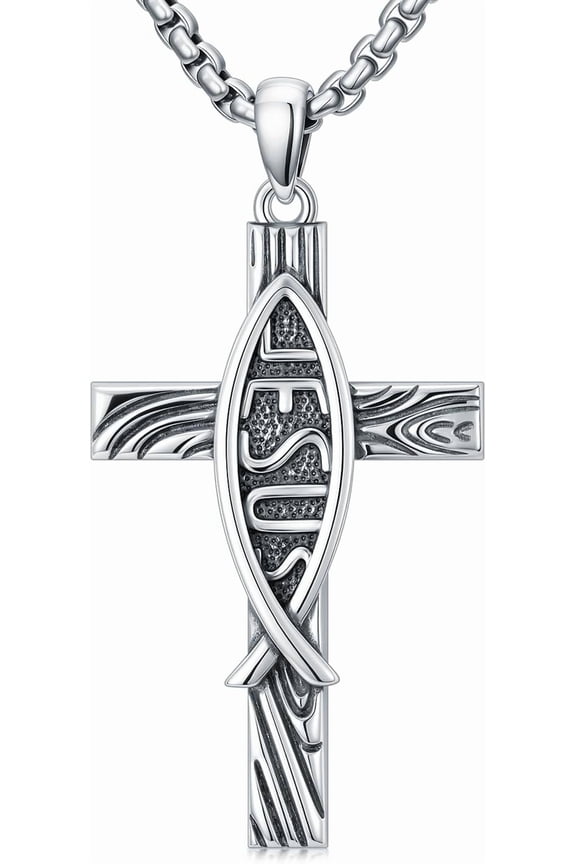 Cross Christian Fish Necklace 925 Sterling Silver Cross Pendant Religious Jewelry Gifts, w/Stainless Steel Chain 22+2