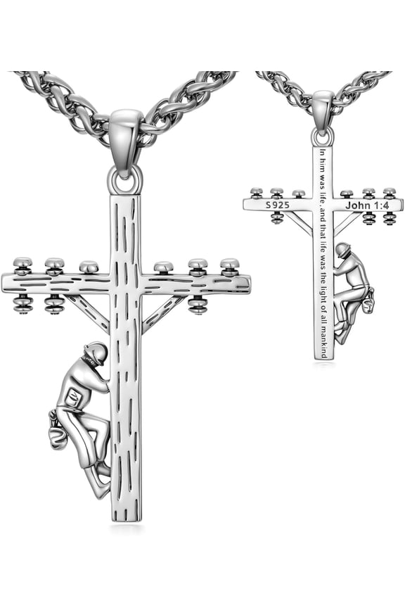 Cross Necklace with John 1:4 925 Sterling Silver Lineman Cross Pendant Christian Jewelry for Men, w/Stainless Steel Chain 22'' + 2''